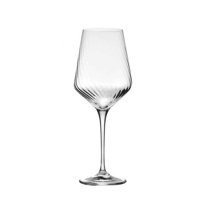 A set of six elegant clear wine glasses with a swirling design, each holding 450ML. Gift boxed for presentation.