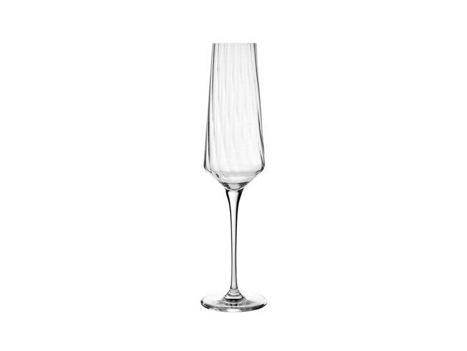 A set of six clear, elegant flute glasses with a twisted design, presented in a stylish gift box.
