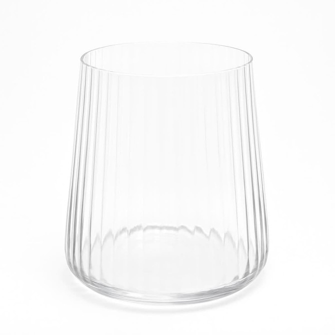 A drink tumbler in clear glass with ridged texture, featuring a sleek, modern design.