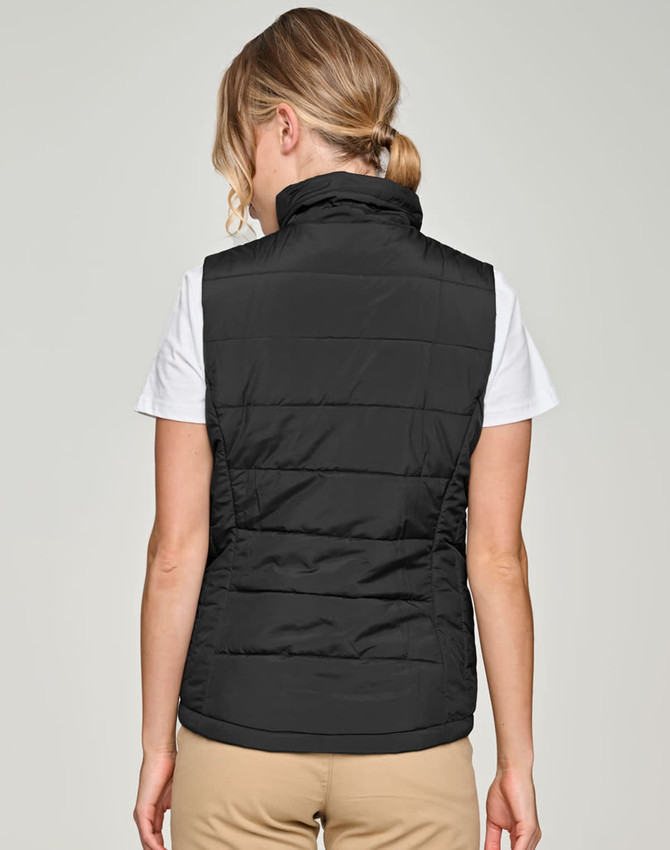 A black insulated puffer vest with a 3D cut, featuring a high collar and no visible branding.