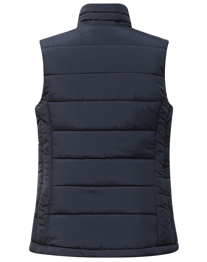 A navy insulated puffer vest with a 3D cut and a high collar, featuring a logo. Ideal for layering.