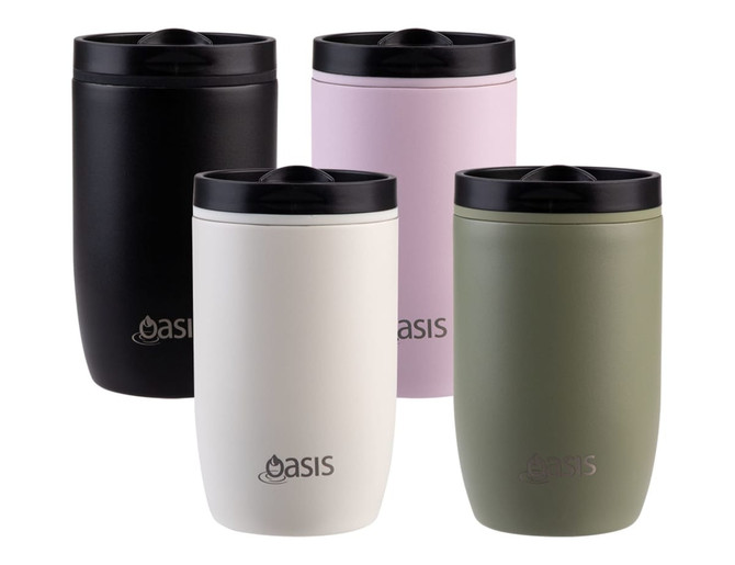 A drink bottle set featuring four insulated travel cups in black, pale pink, white, and olive green, each with a logo.
