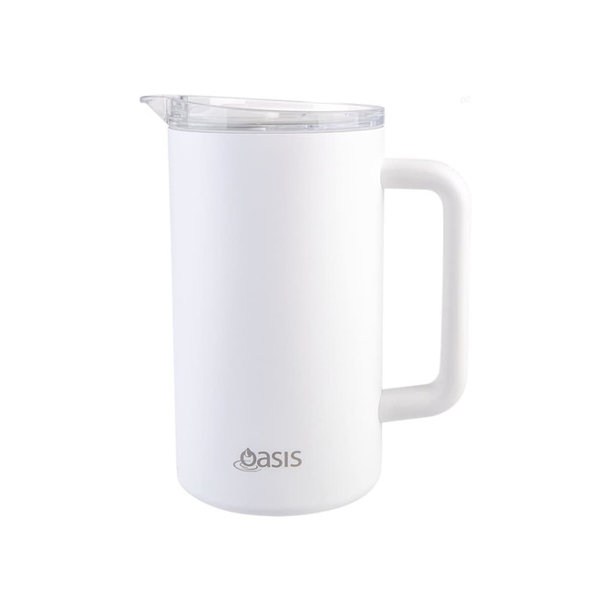 A drink bottle with a white ceramic lined exterior, featuring a clear lid and a sturdy handle. It has a logo on the front.