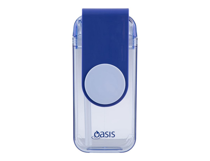 A drink bottle featuring a transparent body with a blue lid and a logo, designed for kids to use.