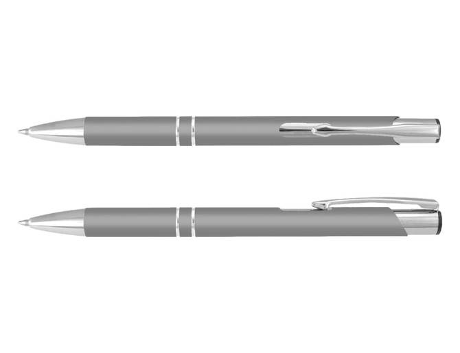 A silver-grey pen with chrome accents, featuring a sleek design and a clip for attachment.