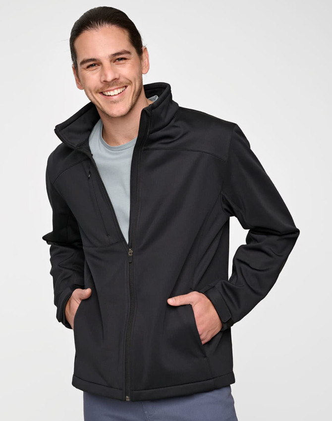 A black men's sustainable softshell corporate jacket features a zip front and two side pockets. It has a branding logo.