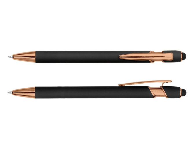 A sleek black stylus pen with rose gold accents, featuring a modern design and a branding logo.