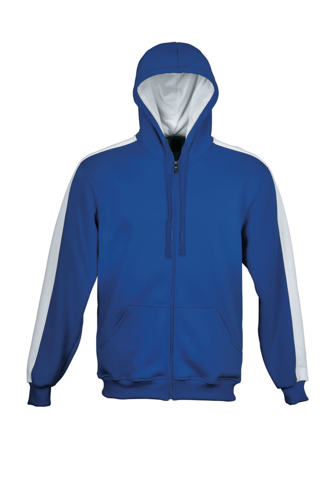 A blue fleece zip-through hoodie with white contrasting sleeves and a hood. It features a logo on the front.