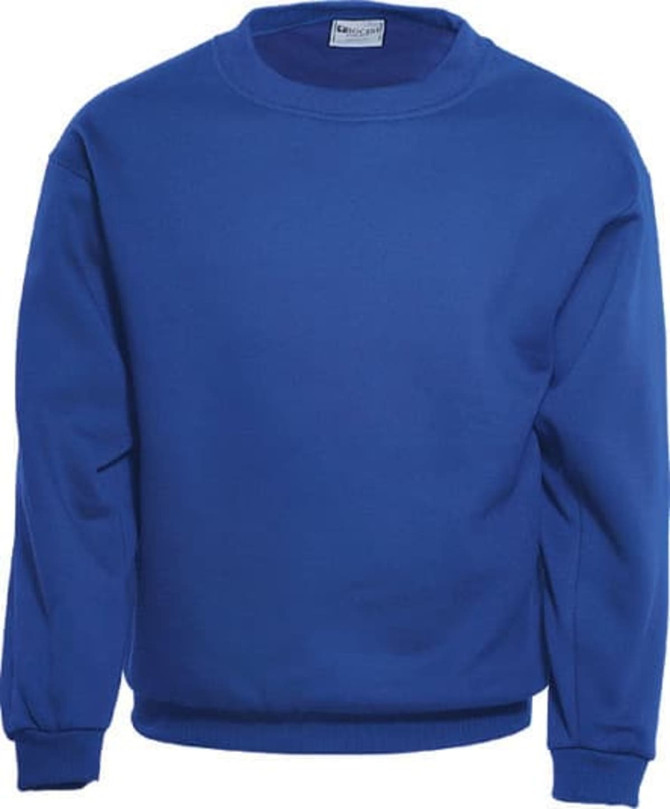 A blue crew neck fleece jumper for kids with long sleeves and elasticated cuffs. It has a logo on the label.