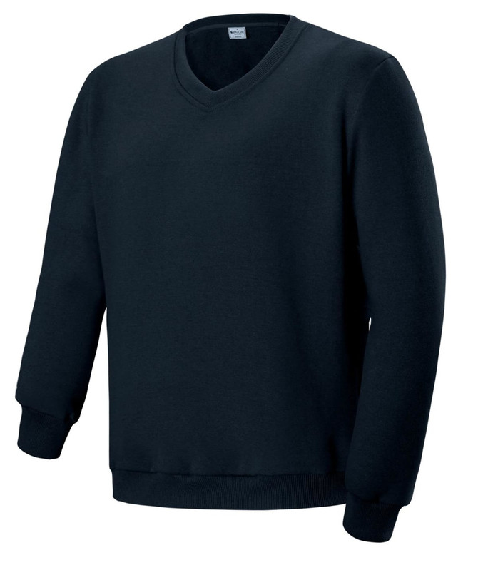 A black unisex V-neck fleece jumper with long sleeves and ribbed cuffs. Features a logo on the label.