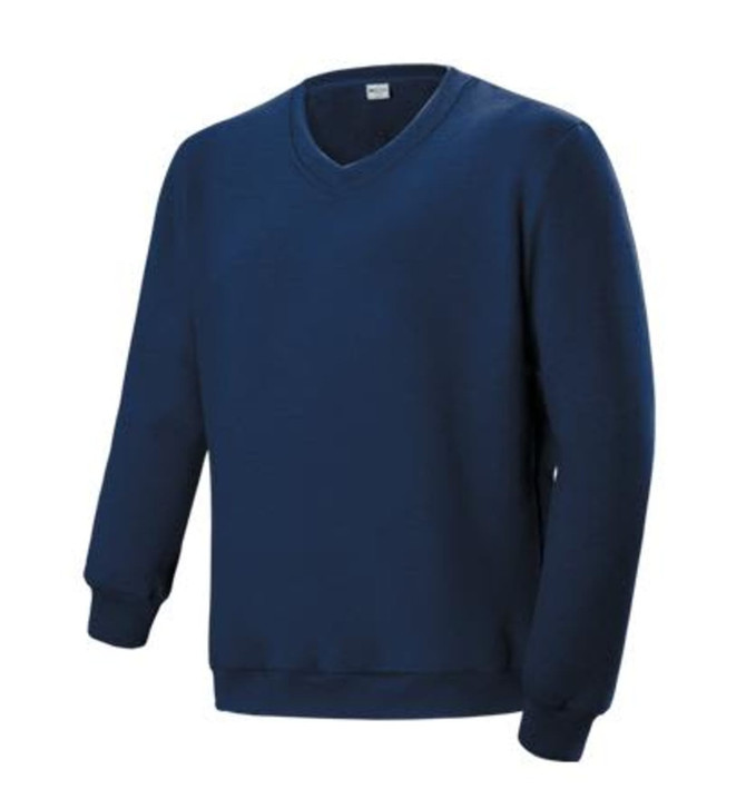 A navy blue kids' v-neck fleece jumper with long sleeves and a relaxed fit. It features a logo on the tag.