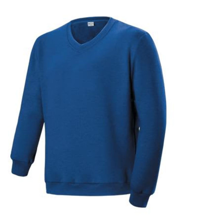 A blue kids' V-neck fleece jumper with a ribbed cuff and hem, featuring a logo on the label.