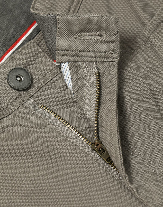 A close-up of grey Men's Jean Style Flexi Chino Pants featuring a zipper and button closure.