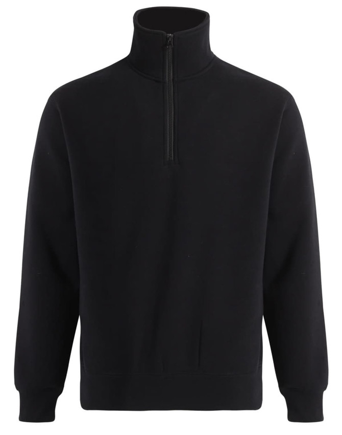 A black kids' 1/2 zip collar fleece sweatshirt with long sleeves and a front zip. It features a logo.
