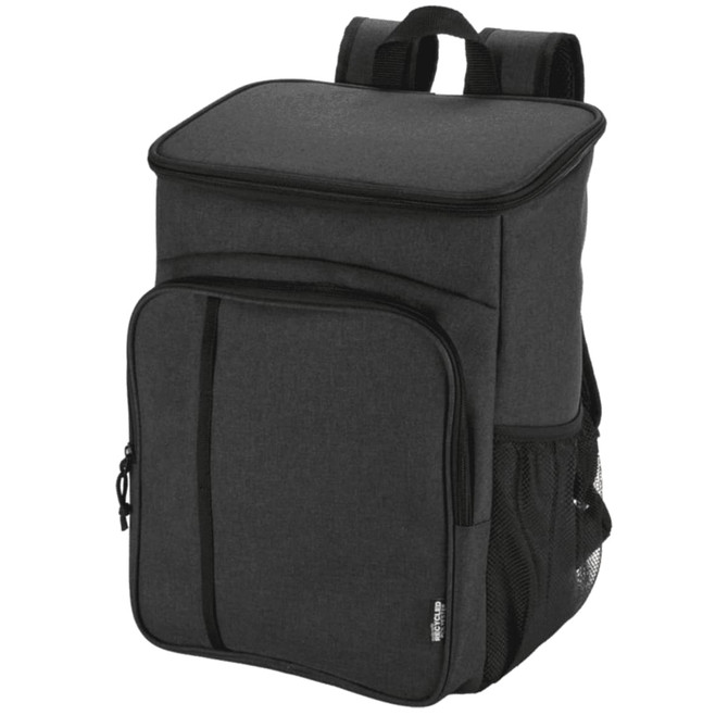 A black picnic cooler backpack with a front pocket and mesh side pockets, featuring a logo.