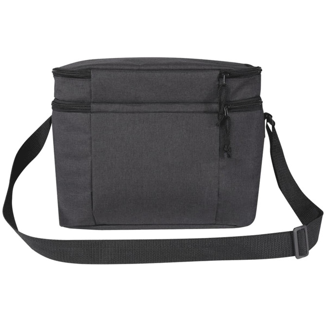 A double compartment cooler bag in dark grey, featuring a shoulder strap and two zippered pockets.