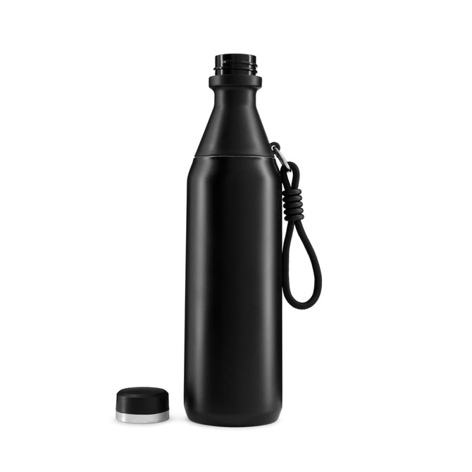 A drink bottle in matte black with a screw lid and a removable strap for easy carrying.