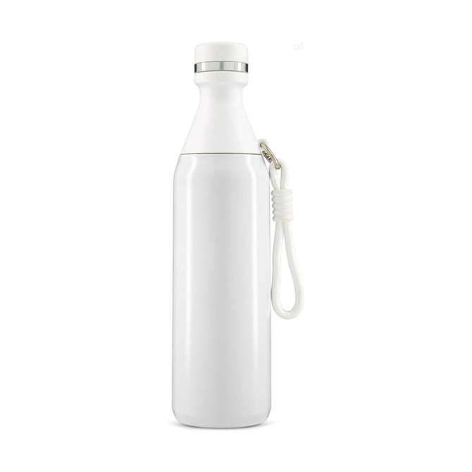 A drink bottle in white with a silver cap and a strap. It features a simple, sleek design and a logo.
