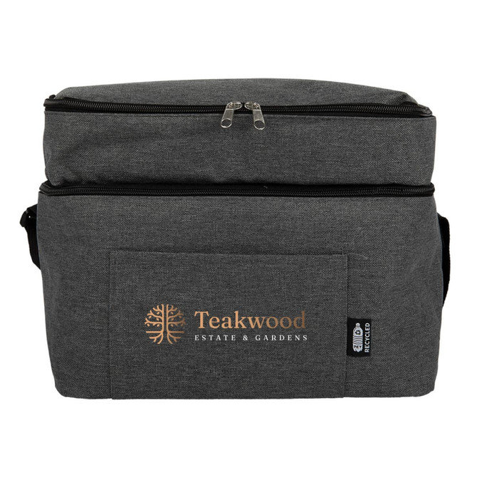 A grey cooler bag with a zip closure and a front pocket, featuring a logo and branding.