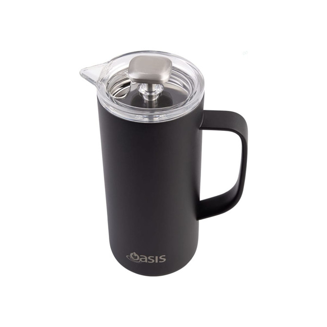 A drink bottle in matte black with a transparent lid and a handle, featuring a logo on the front.