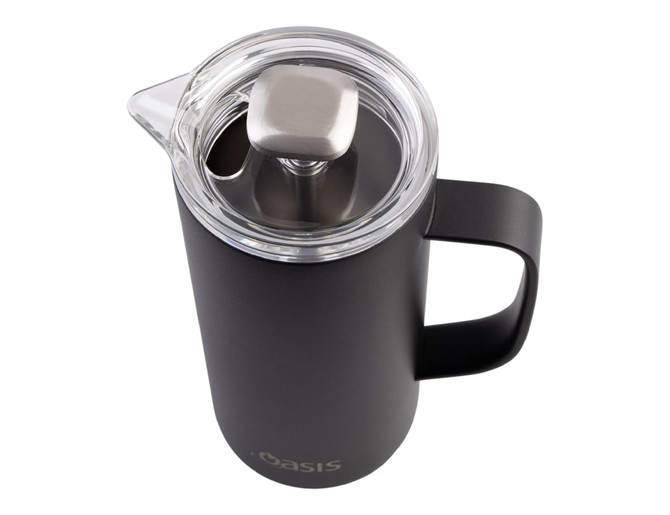 A drink bottle in matte black featuring a stainless steel lid and a clear opening. It has a handle and a logo.