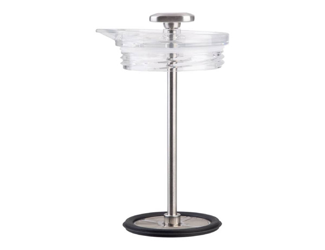 A drink bottle with a stainless steel base and clear press top, featuring a rubber ring for stability.