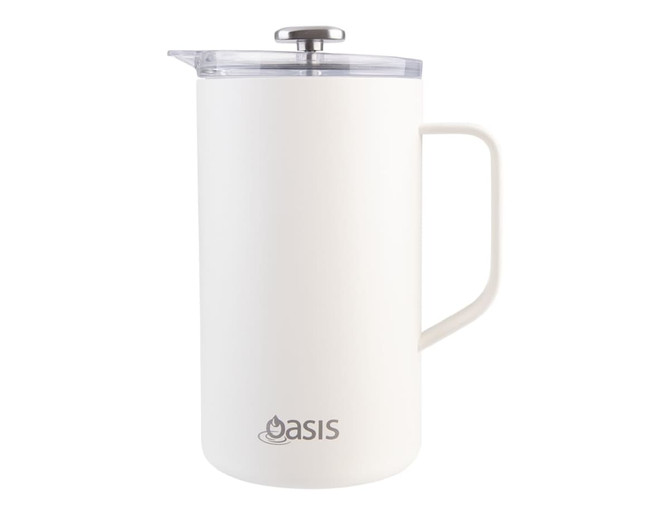 A drink bottle in a sleek white design with a clear lid and a stainless steel plunger. It features a logo on the front.