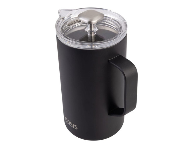 A drink bottle in matte black with a clear lid and metal plunger, featuring a handle and a logo.