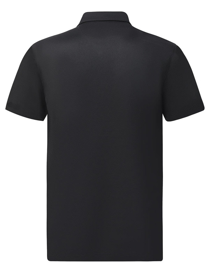 A black men's sustainable jacquard knit short-sleeve polo shirt with a plain back and a collar.