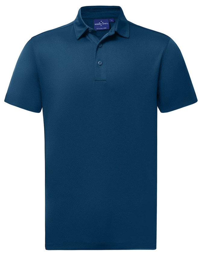 A navy blue sustainable jacquard knit short sleeve polo shirt with a collar and a logo.