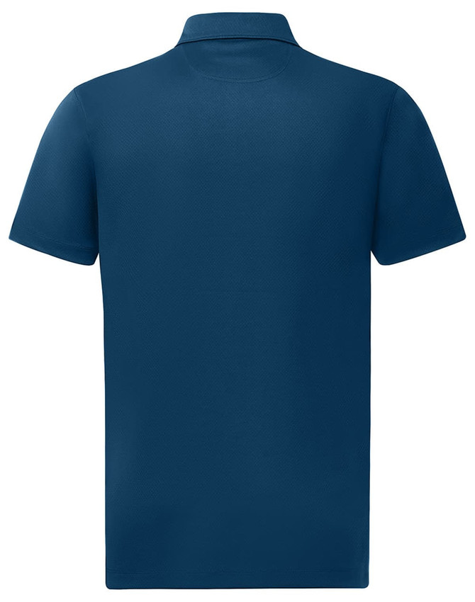 A navy blue men's sustainable jacquard knit short-sleeve polo with a collar and a logo on the chest.