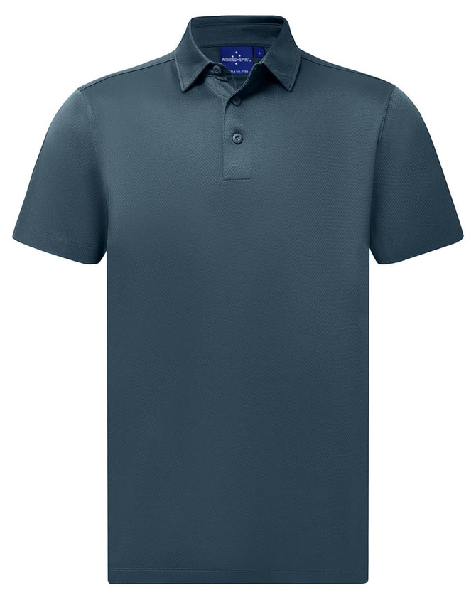 A men's sustainable jacquard knit short-sleeve polo in a dark navy blue colour, featuring a collar and buttons.