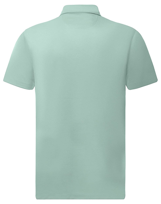 A light green men's polo shirt with a jacquard knit design and a collar, featuring a logo on the back.