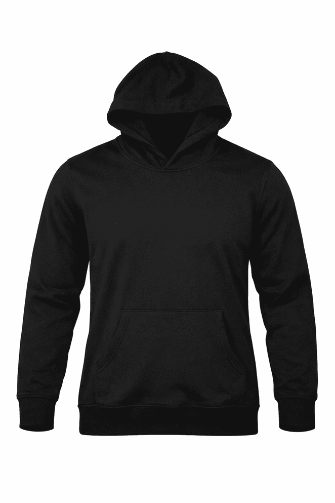 A black hoodie featuring a front pocket and a lined hood, with a subtle logo present.