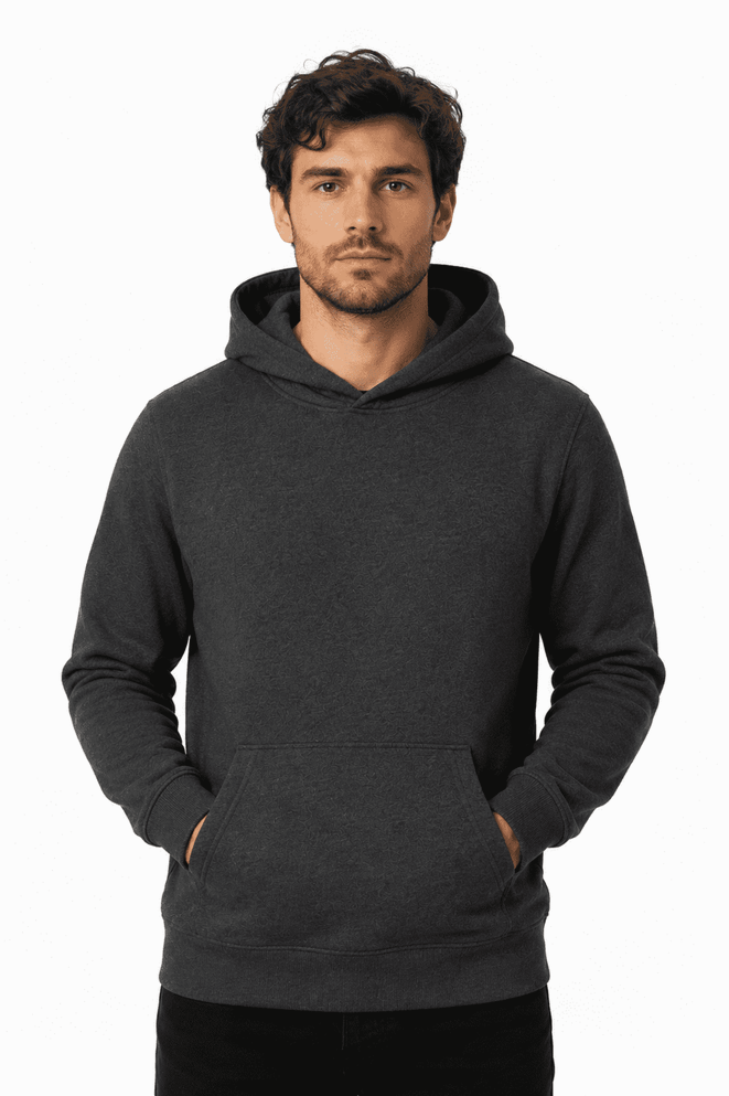 A dark grey men's hoodie with a kangaroo pocket and a hood. It features a logo.