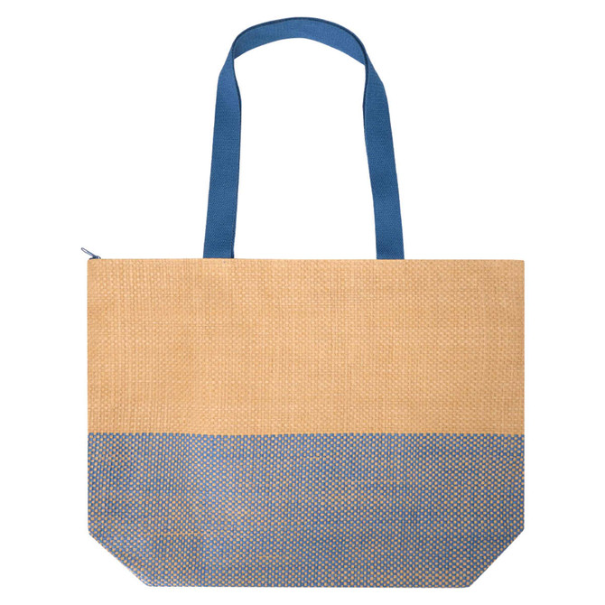 A large zipped tote in natural beige with a blue base and matching handles, featuring a logo.