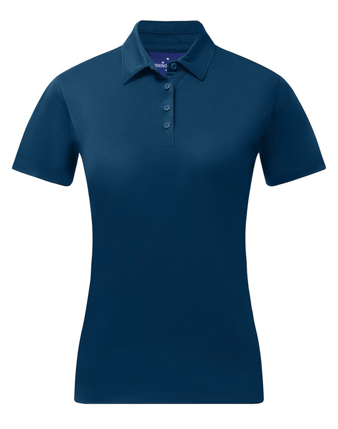 A navy blue ladies' sustainable jacquard knit short-sleeve polo with a collar and three-button placket.