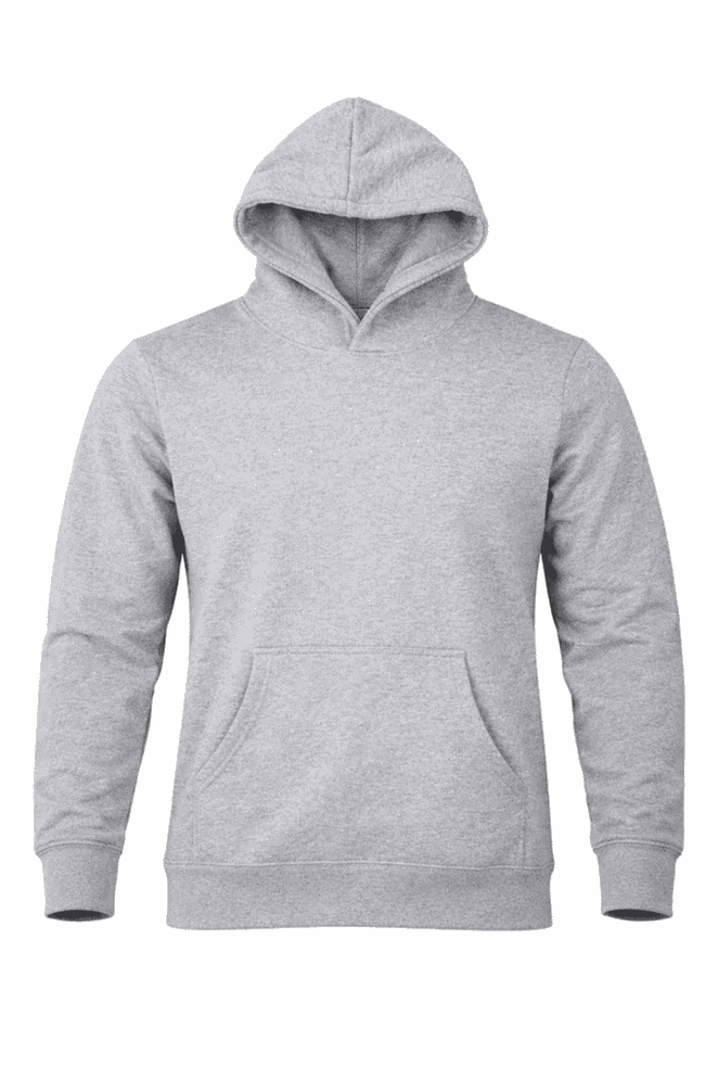 A grey hoodie with a front pocket and drawstring hood. It includes a logo but no text or badges.