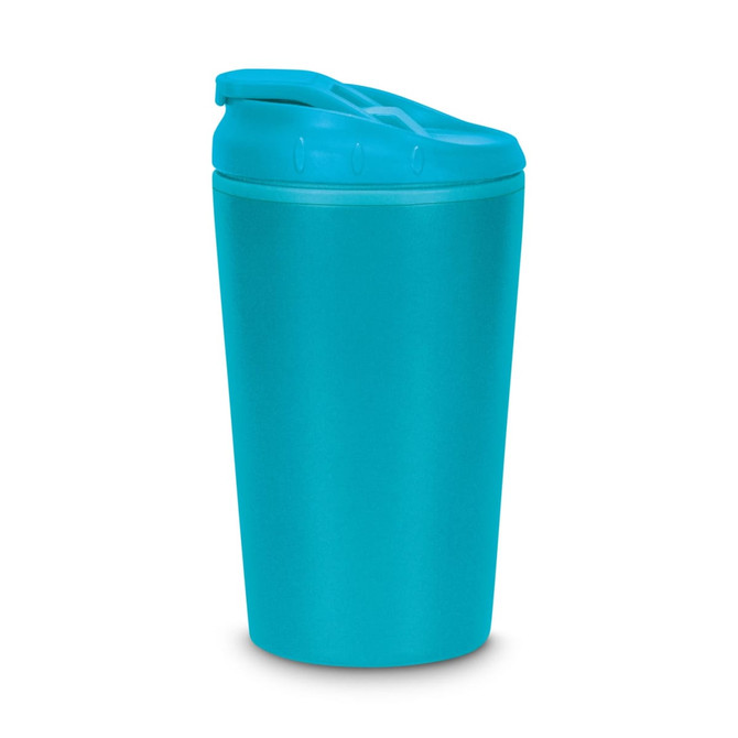 A drink bottle in a bright blue colour with a lid and a sleek design. It features a logo on the front.