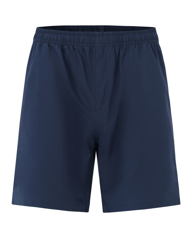 Unisex navy shorts made from mercerised cotton, featuring an elastic waistband and a simple design.