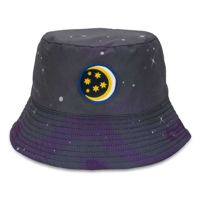 A dark grey bucket hat featuring a colourful embroidered patch of a moon and stars against a starry background.