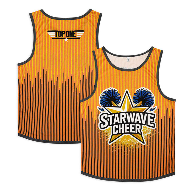 An orange tank top with vertical stripes, featuring a logo and a graphic of a star and pom-poms. It has a brand logo.