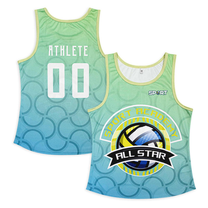 A green and blue women's active tank top featuring a sport-themed design and a logo. It has a number "00" on the back.