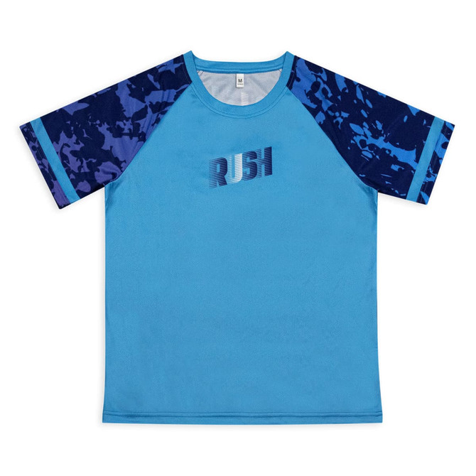 A custom women's active T-shirt in blue with patterned navy sleeves and a logo on the front.