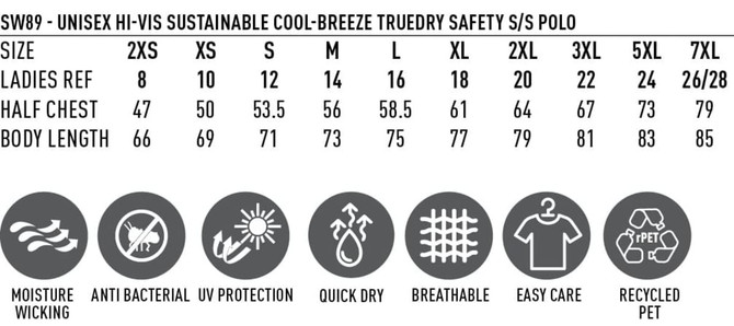 A size chart for a Hi-Vis Sustainable Cool-Breeze Truedry Safety S/S Polo, featuring various sizes and care icons.