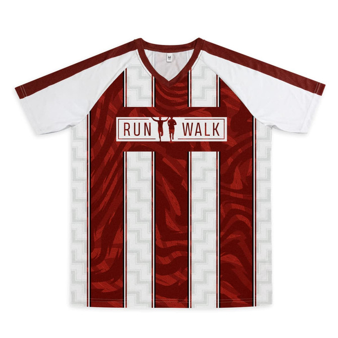 A red and white V-neck t-shirt featuring a striped design and a logo. It has short sleeves and a modern look.