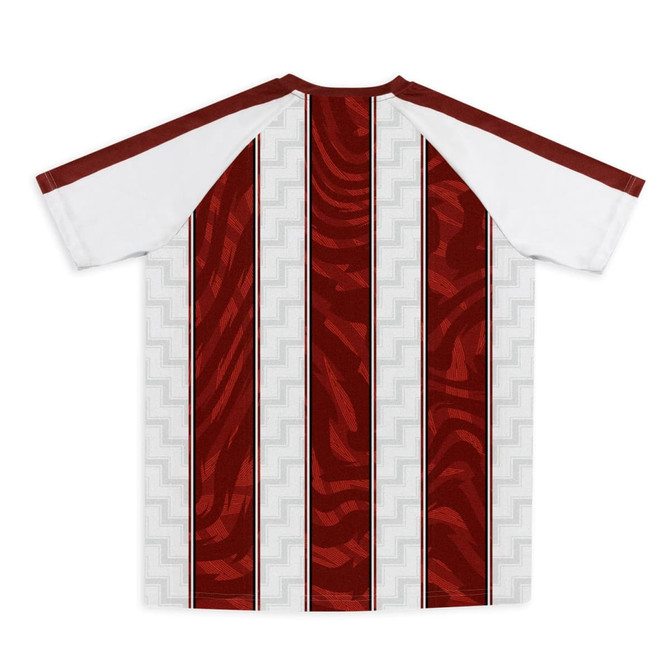 A custom men's active V-neck T-shirt featuring a red and white striped design with a textured pattern.