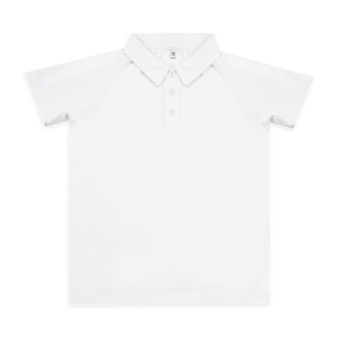 A white custom youth active polo featuring a collar and buttons, with a logo on the chest.