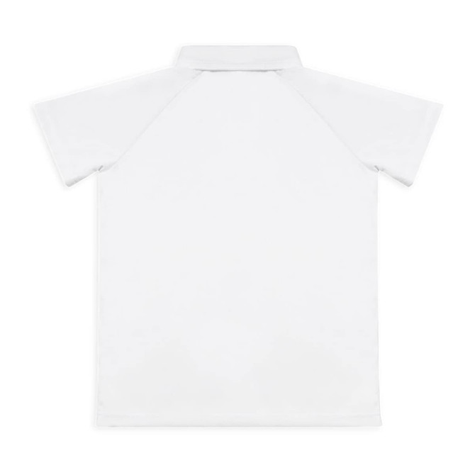 A white youth active polo shirt with a classic collar and short sleeves. It features a logo on the chest.