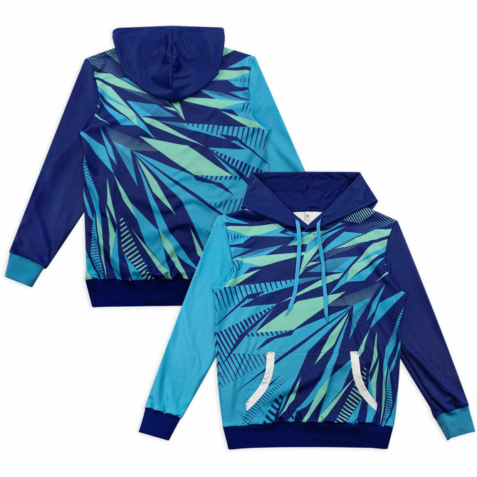 A custom women's active hoodie featuring a blue and teal abstract design with a hood and front pockets.